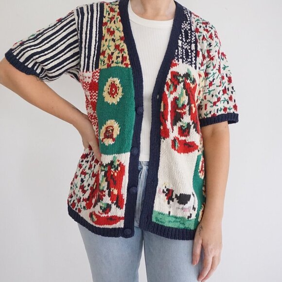 Sweaters - VTG Eagle’s Eye Patchwork Knit Cardigan 55% Ramie 45% Cotton Eclectic Grandpa M